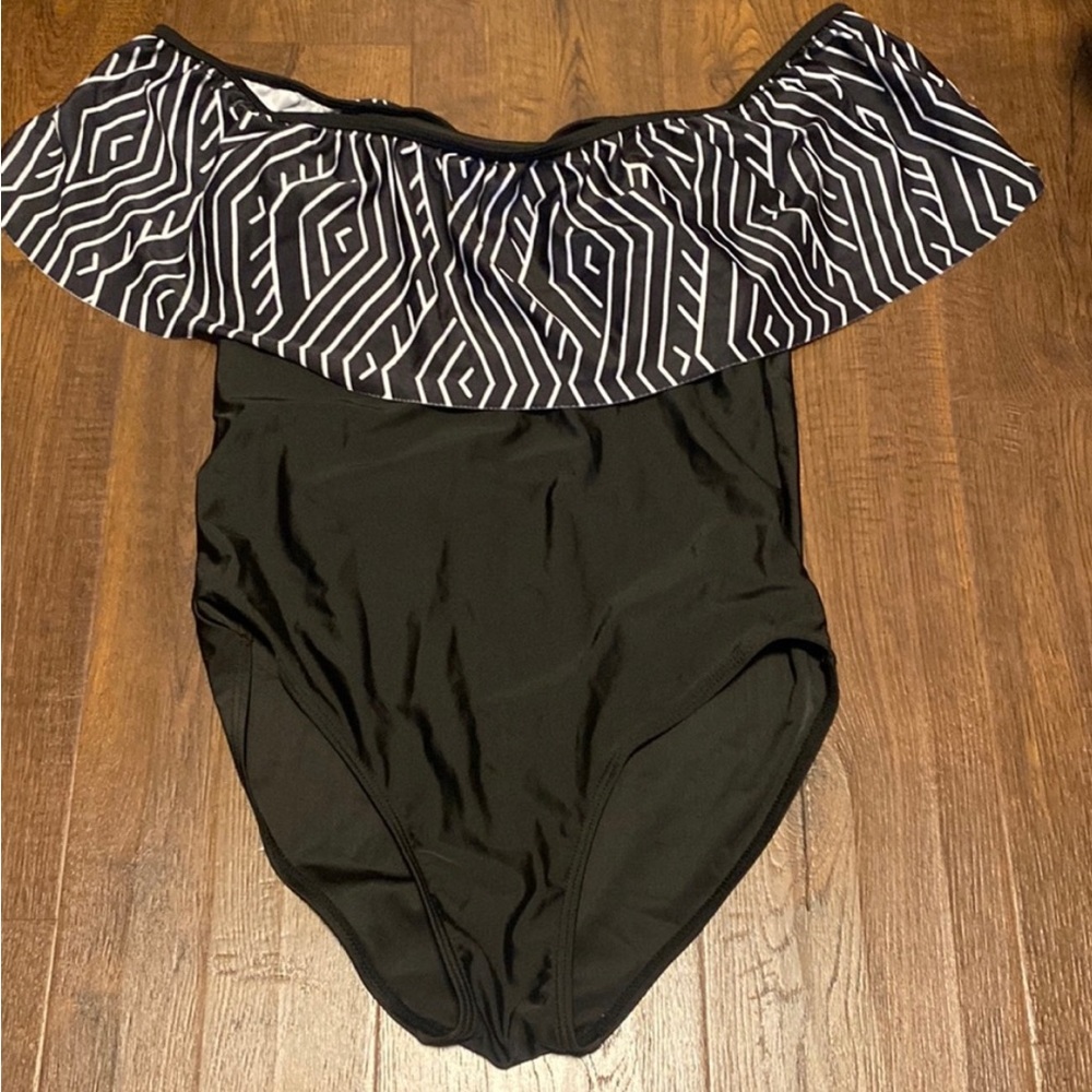 Ruffle Black off the shoulder one piece bathing suit size M